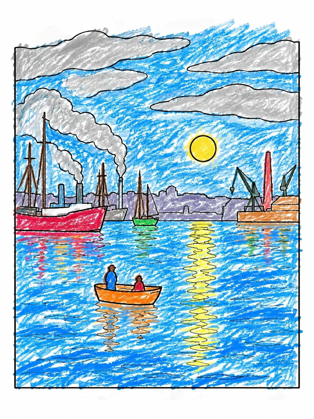 Colored example of the Impression Sunrise Harbor Scene coloring page