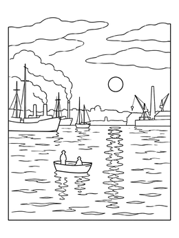 Free printable Impression Sunrise Harbor Scene coloring page