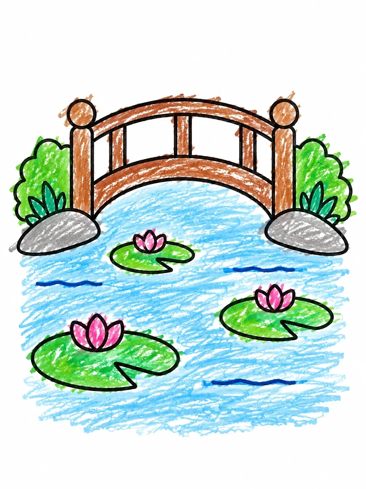 Colored example of the Japanese Bridge And Water Lilies coloring page