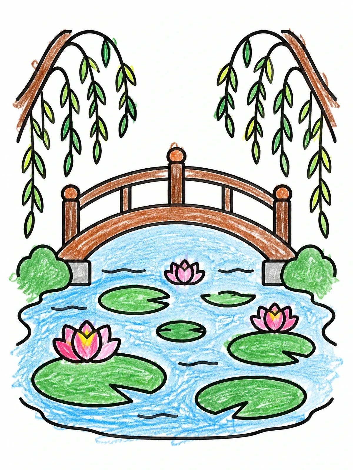 Colored example of the Japanese Footbridge And Water Lily Pond coloring page