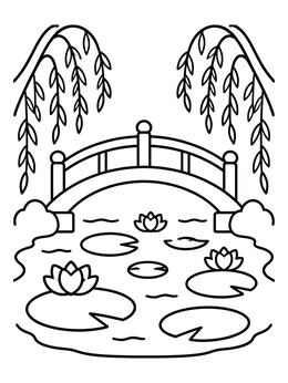 Free printable Japanese Footbridge And Water Lily Pond coloring page