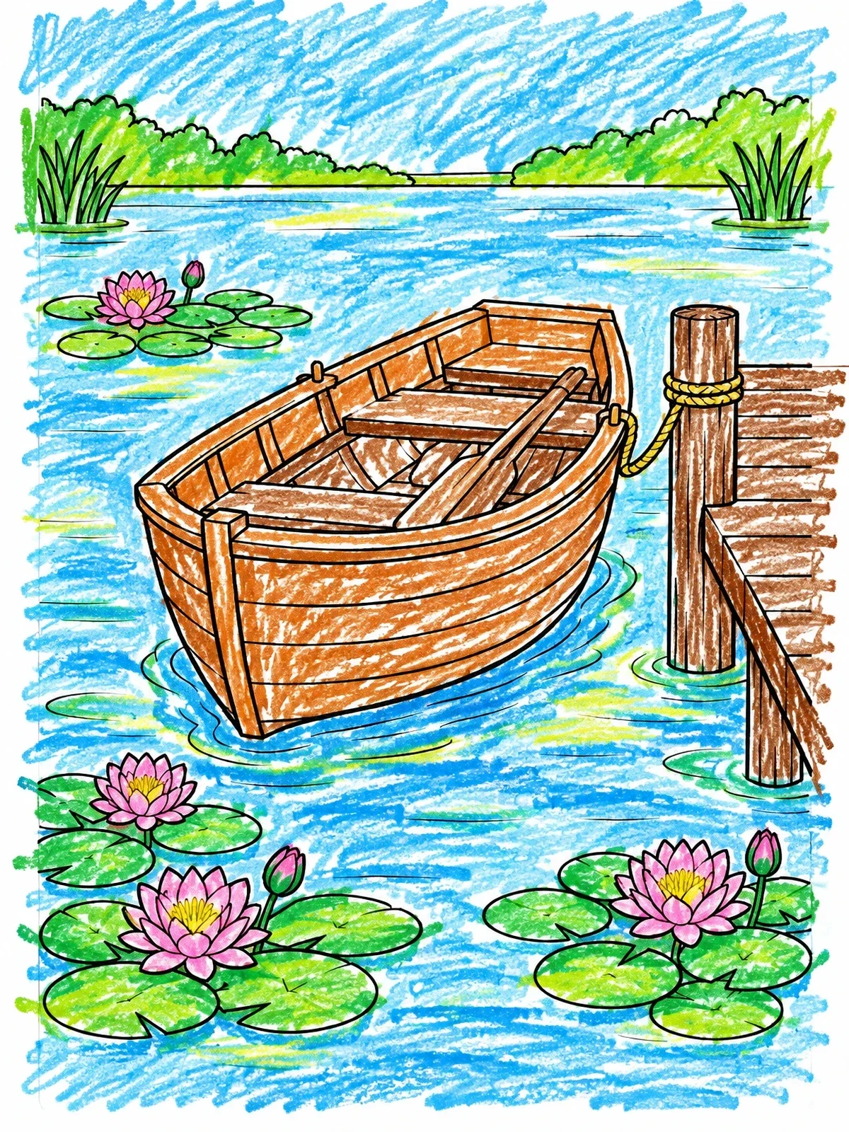 Colored example of the Rowboat By The Lily Pond coloring page