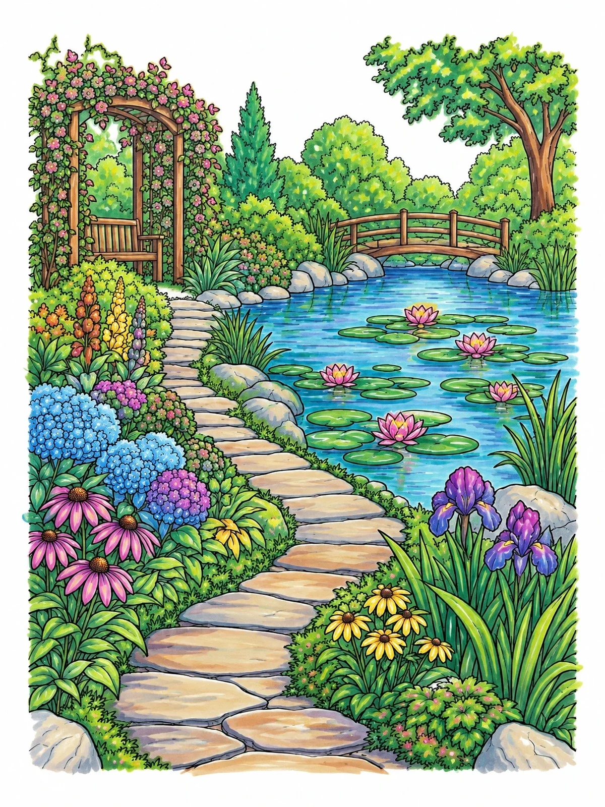 Colored example of the Stone Path By The Lily Pond coloring page