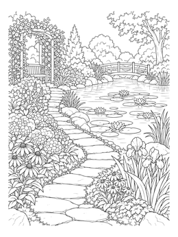 Free printable Stone Path By The Lily Pond coloring page