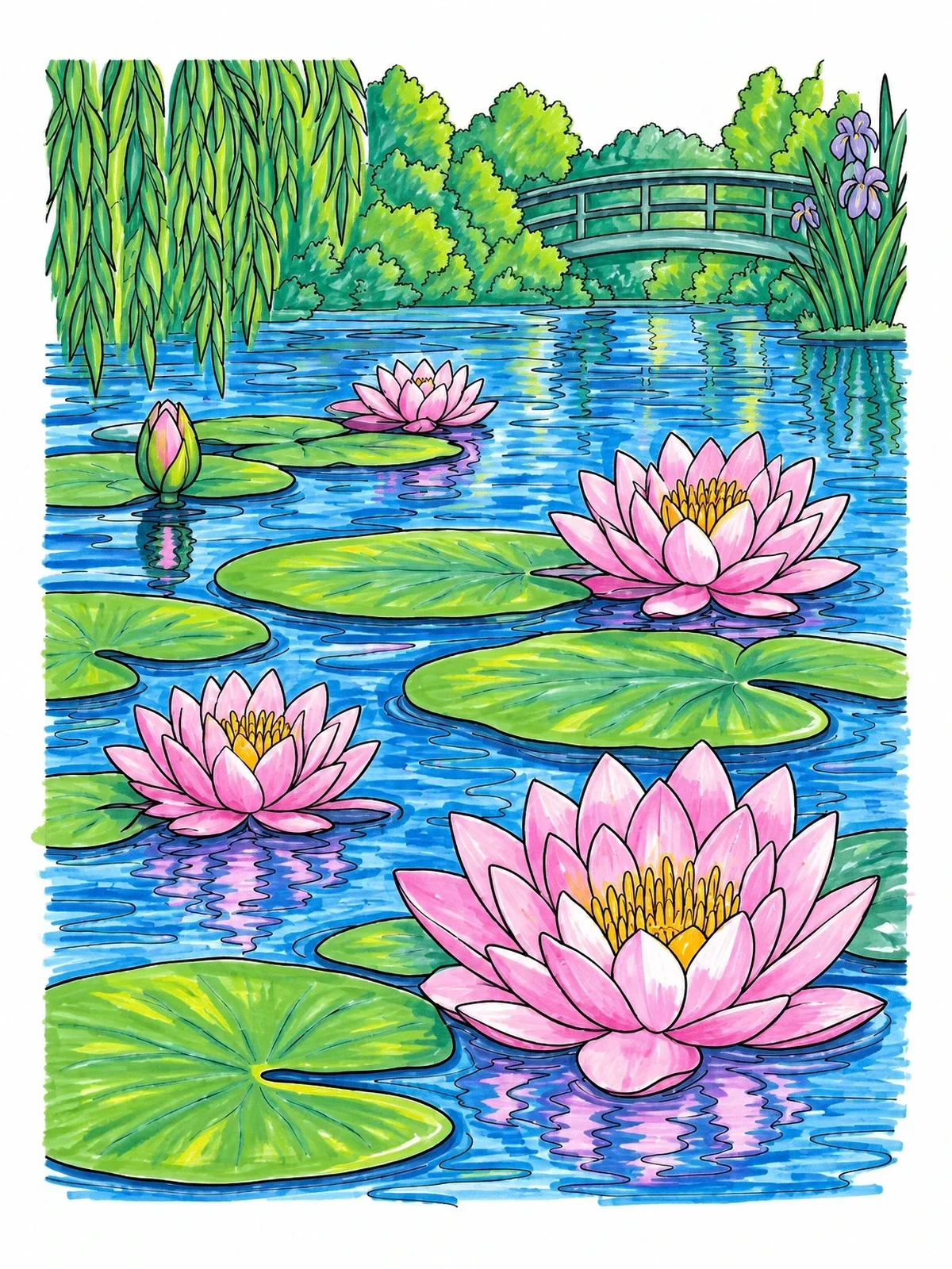 Colored example of the Water Lilies And Japanese Bridge coloring page