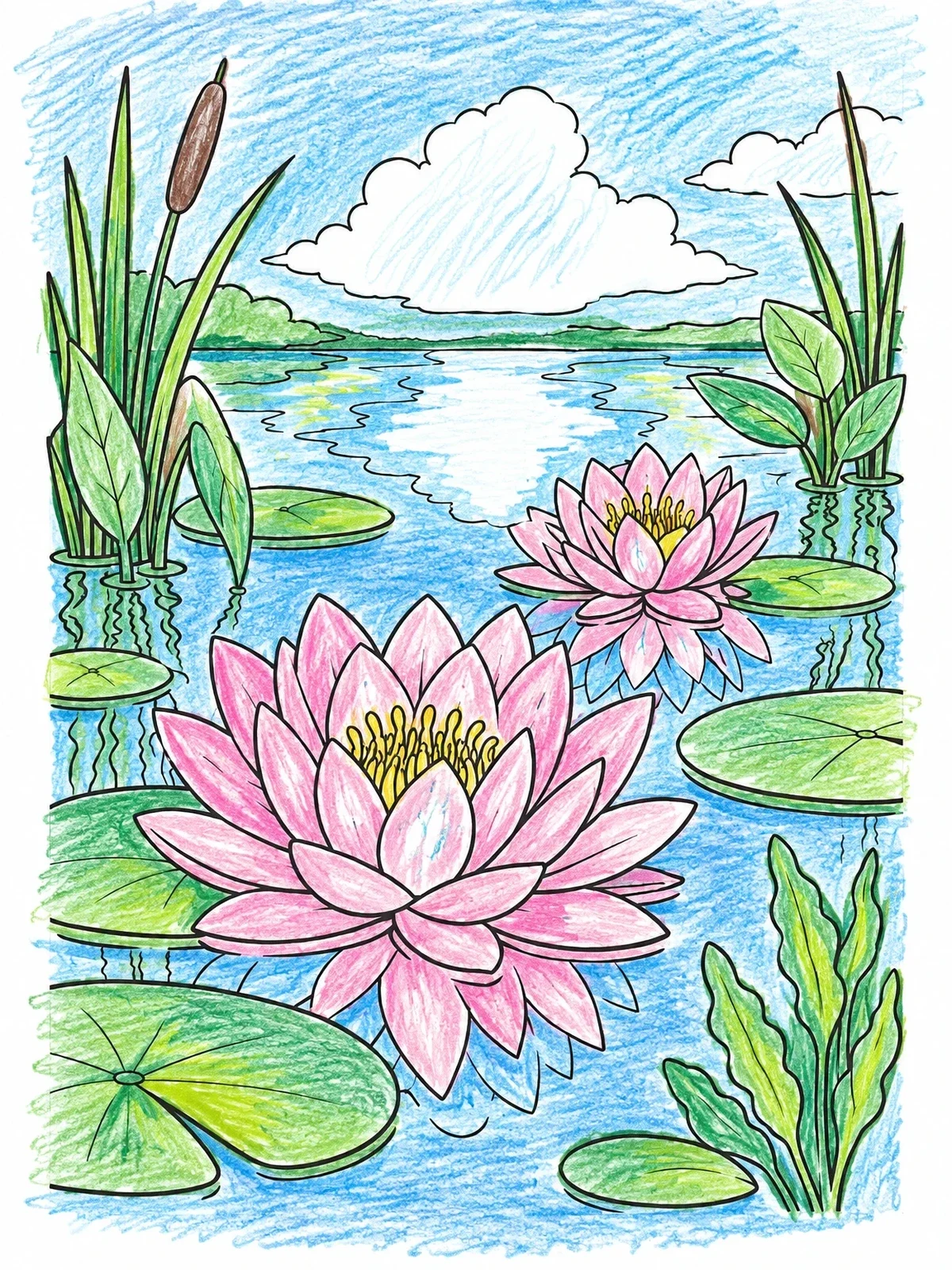 Colored example of the Water Lilies And Reeds Pond coloring page