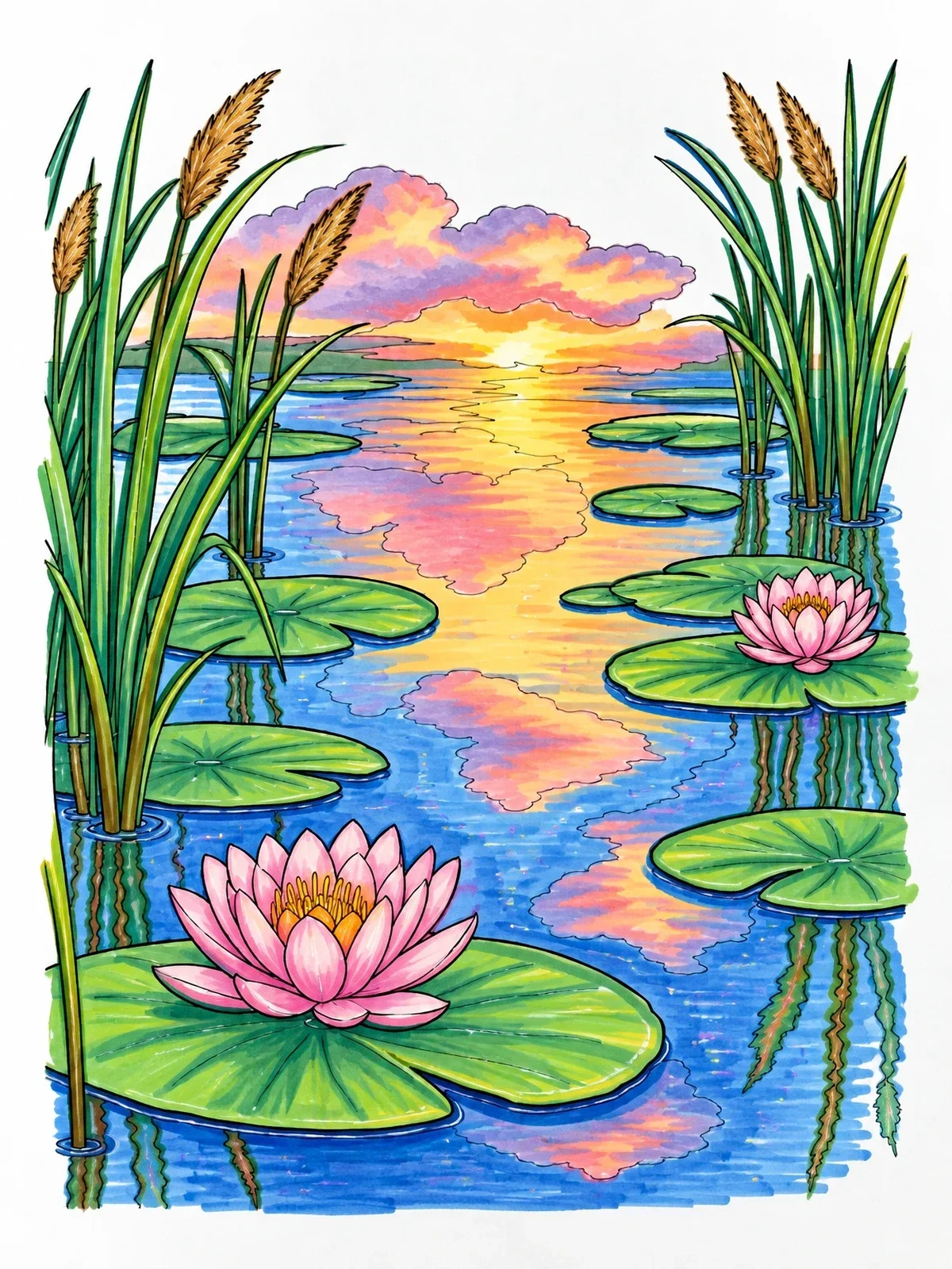 Colored example of the Water Lilies And Reeds At Sunset coloring page