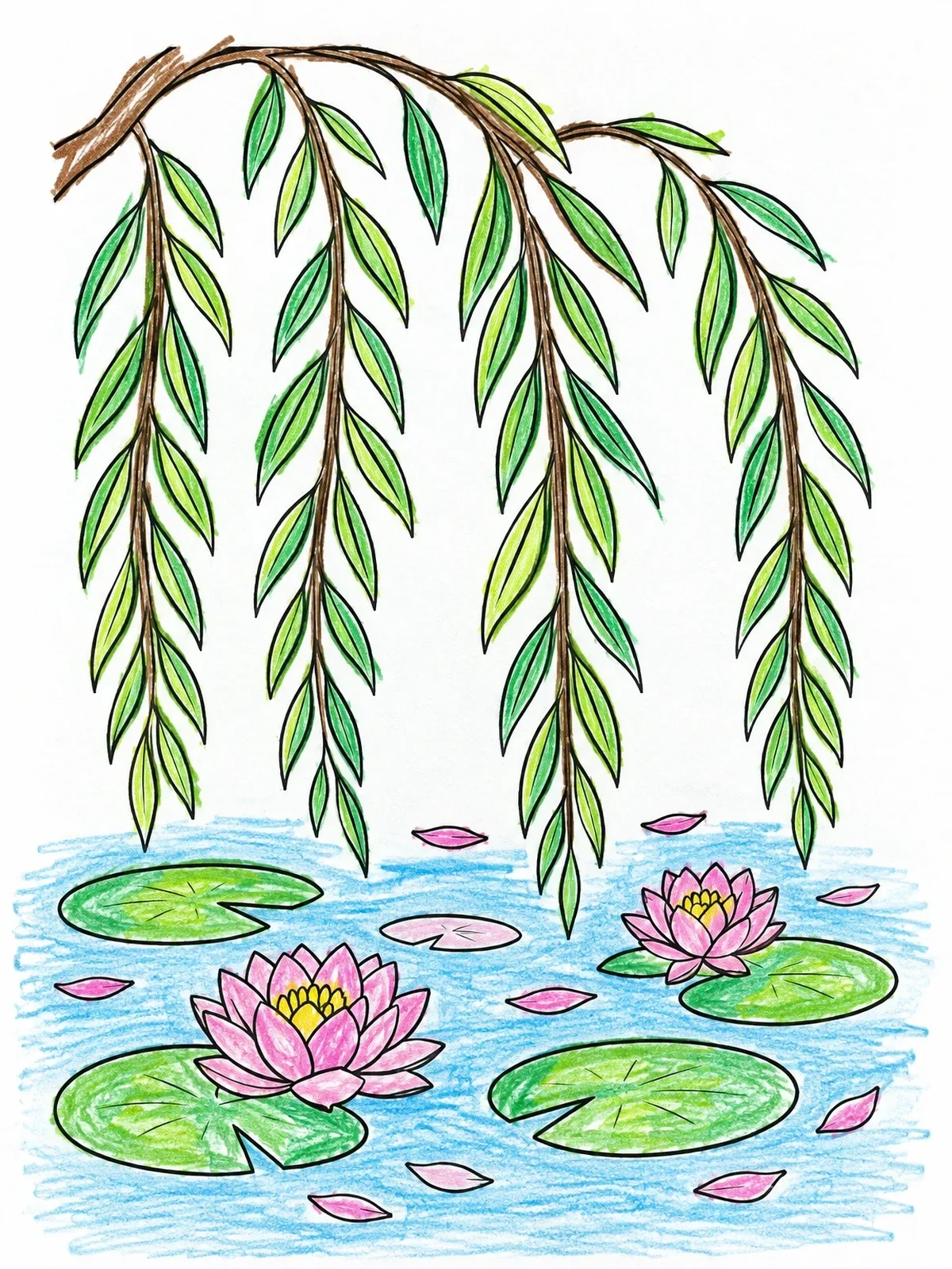 Colored example of the Weeping Willow And Water Lilies coloring page