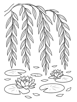Free printable Weeping Willow And Water Lilies coloring page