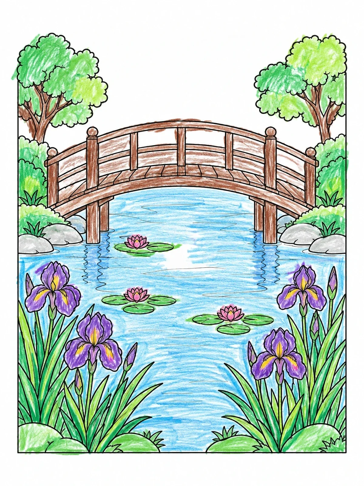 Colored example of the Japanese Footbridge And Water Lily Pond coloring page