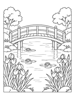 Free printable Japanese Footbridge And Water Lily Pond coloring page