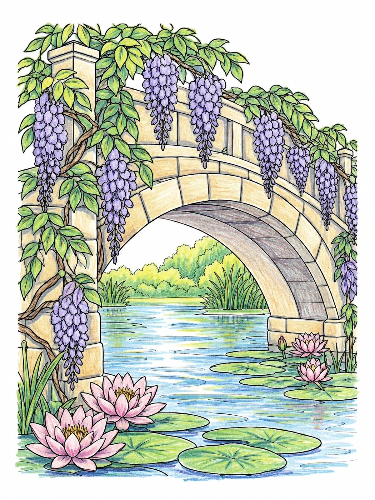 Colored example of the Wisteria Bridge Over Water Lily Pond coloring page