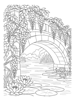 Free printable Wisteria Bridge Over Water Lily Pond coloring page