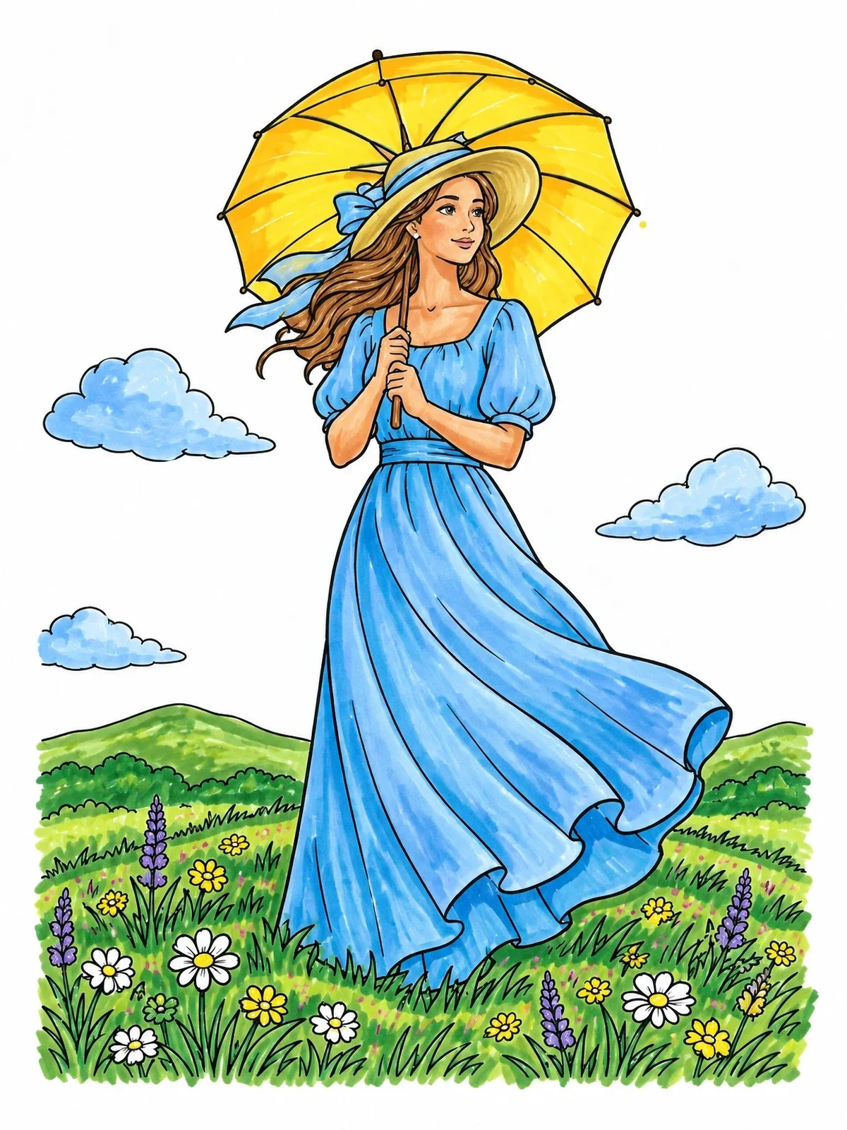Colored example of the Woman With A Parasol On Windy Hill coloring page