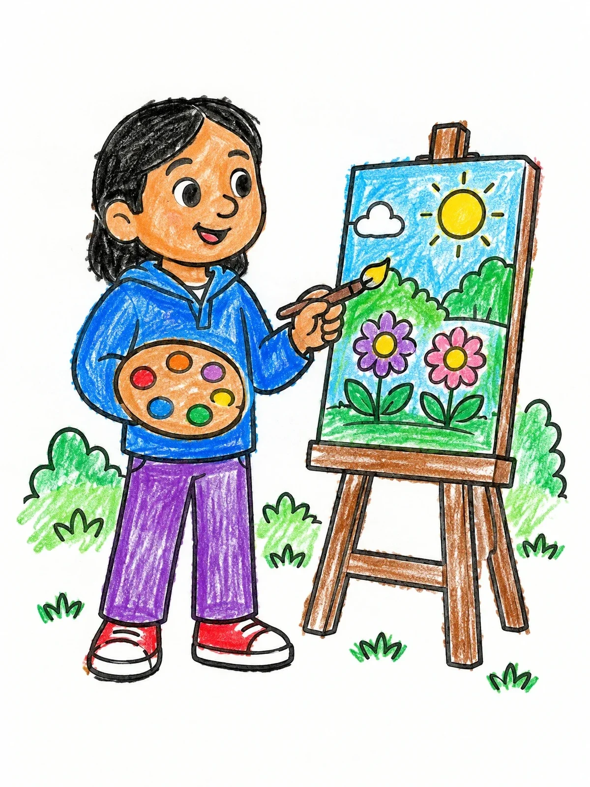 Colored example of the Young Artist Painting Outdoors coloring page