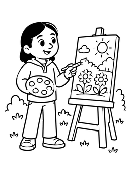Free printable Young Artist Painting Outdoors coloring page
