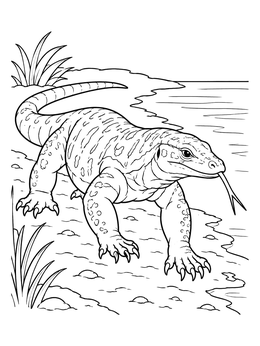 A detailed lizard coloring page featuring a large monitor lizard prowling near a riverbank.