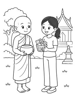 Free printable Monk Receiving Morning Alms In Thailand coloring page