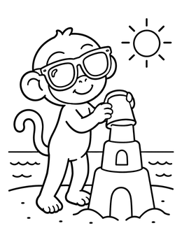 A cheerful monkey coloring page featuring a monkey in sunglasses building a sandcastle on the beach.