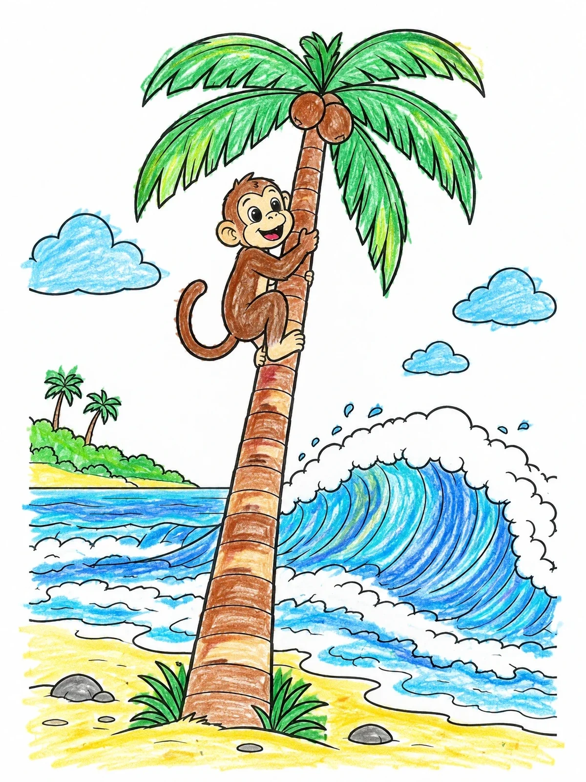 Colored example of the Monkey Climbing Palm Tree Above Tsunami coloring page