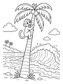 Free printable Monkey Climbing Palm Tree Above Tsunami coloring page