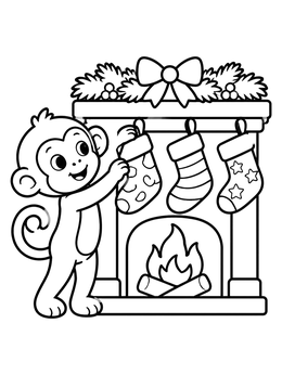 A cheerful monkey by a fireplace on this christmas monkey coloring page.