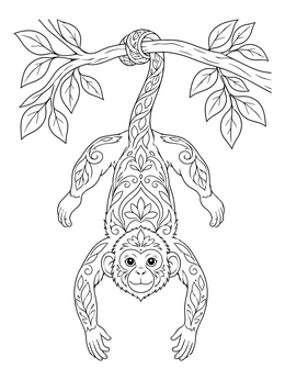 Detailed monkey coloring page hanging upside down by its tail from a leafy branch.