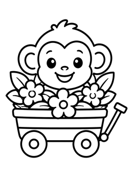 Free printable Happy Little Monkey In A Flower Wagon coloring page