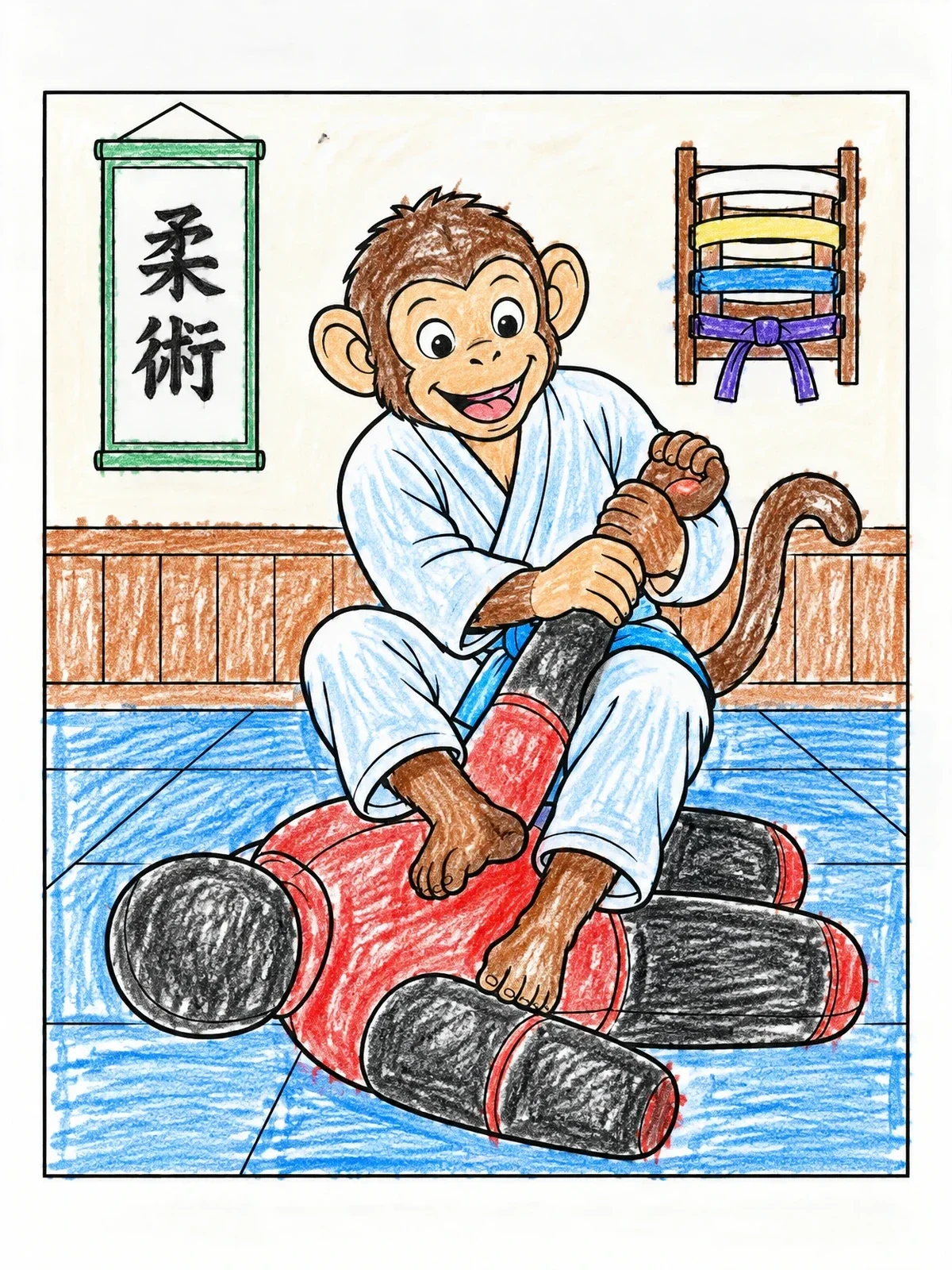 Colored example of the Monkey Practicing Jiu Jitsu On A Dummy coloring page