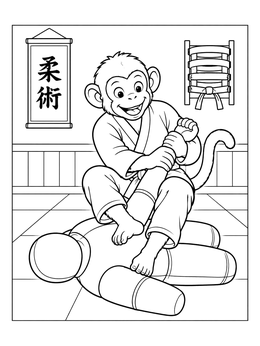 Free printable Monkey Practicing Jiu Jitsu On A Dummy coloring page