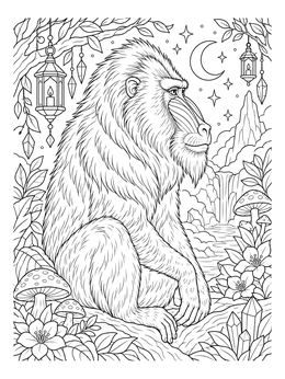 A detailed mandrill rests under a crescent moon in this monkey coloring page.