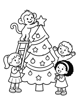 Free printable Monkey Placing Star On Christmas Tree coloring page