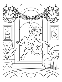 A cheerful christmas monkey coloring page showing a monkey swinging from holiday garland.