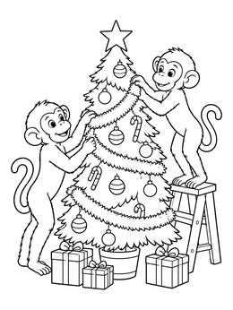 Two cheerful monkeys decorate a tree in this christmas monkey coloring page.