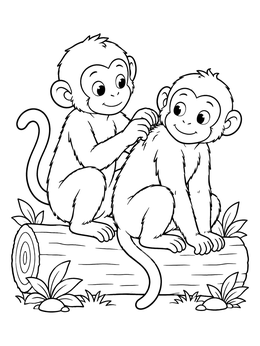 A friendly monkey coloring page showing two monkeys grooming on a log.
