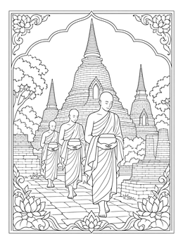 Buddhist monks walking by ancient stupas in this serene thailand coloring page.