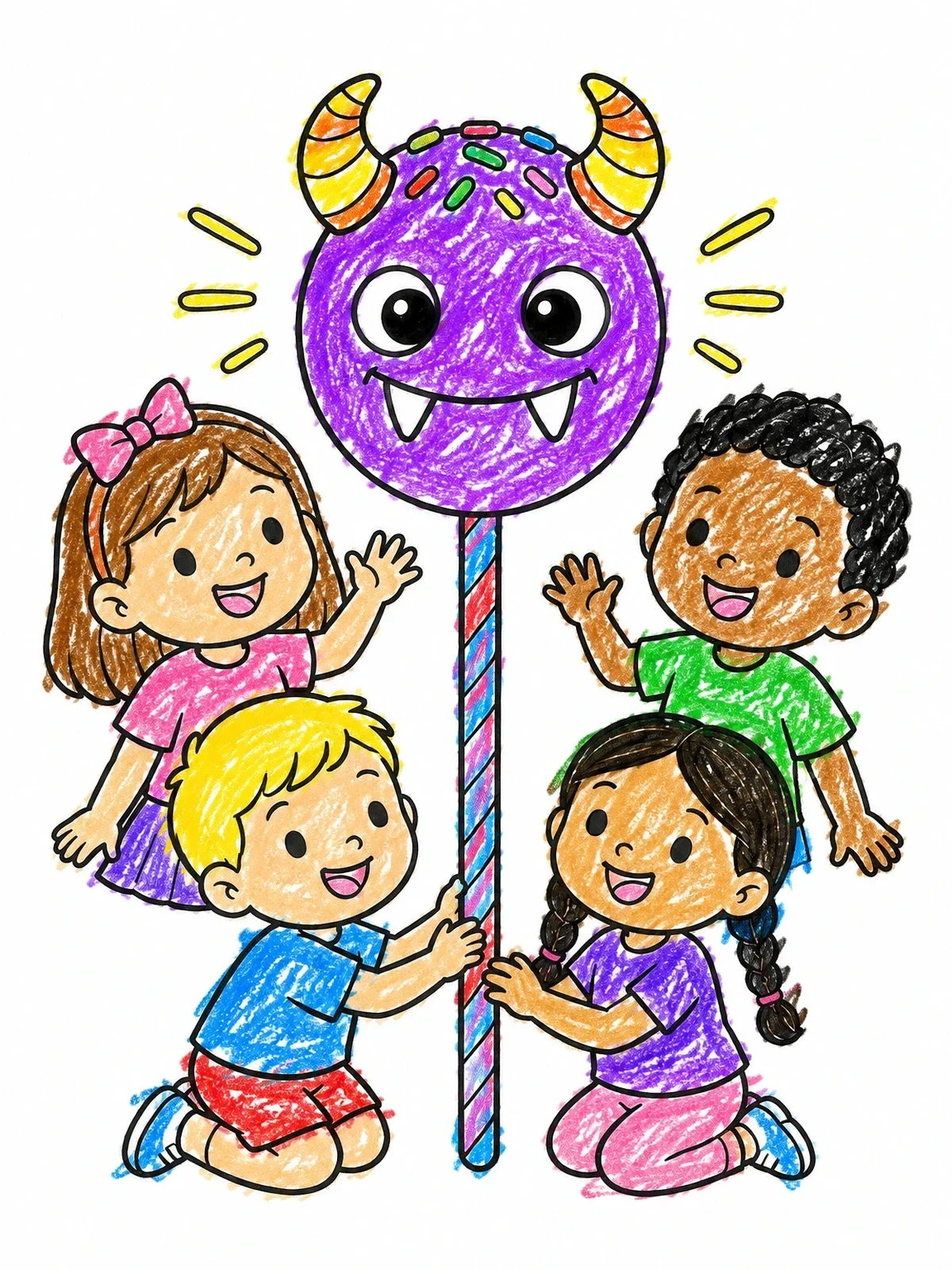 Colored example of the Monster Cake Pop With Happy Children coloring page