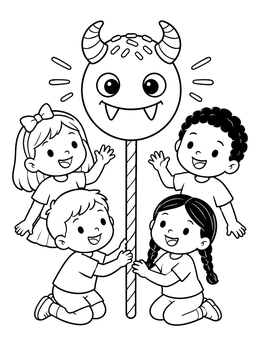Free printable Monster Cake Pop With Happy Children coloring page