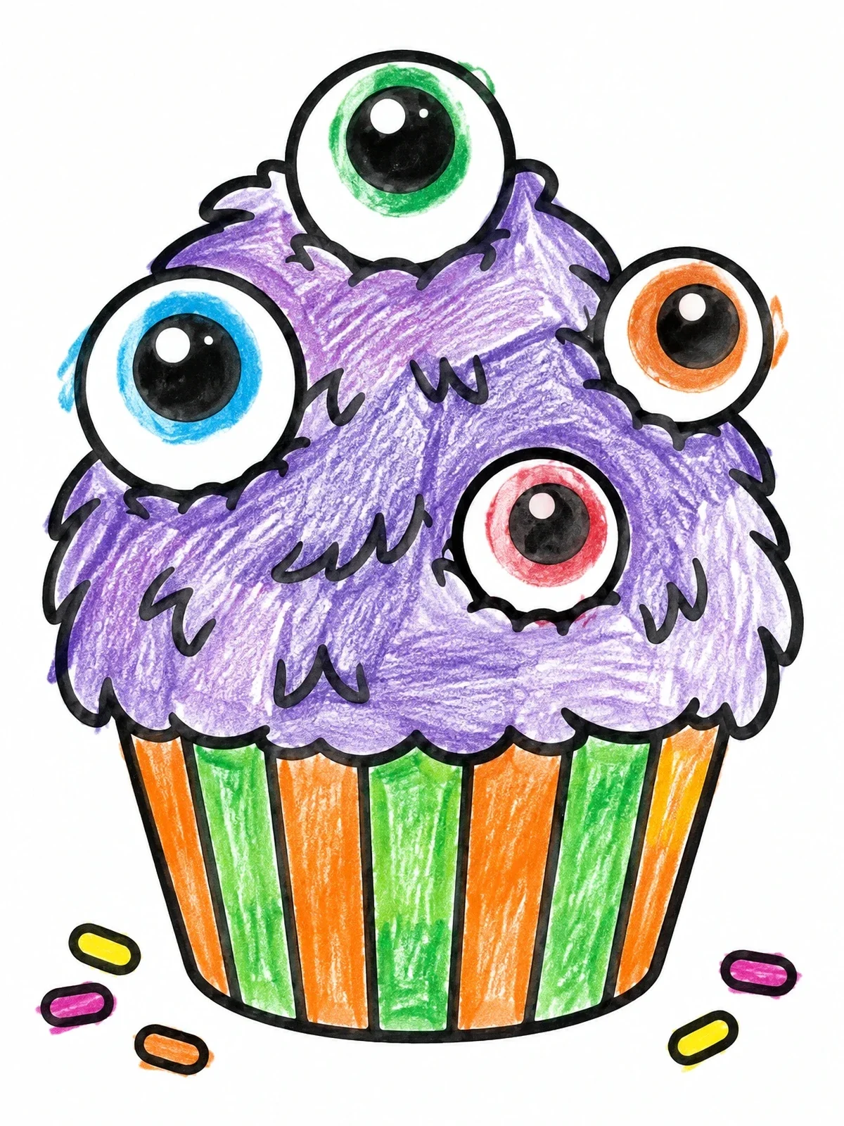 Colored example of the Monster Eyeball Cupcake coloring page