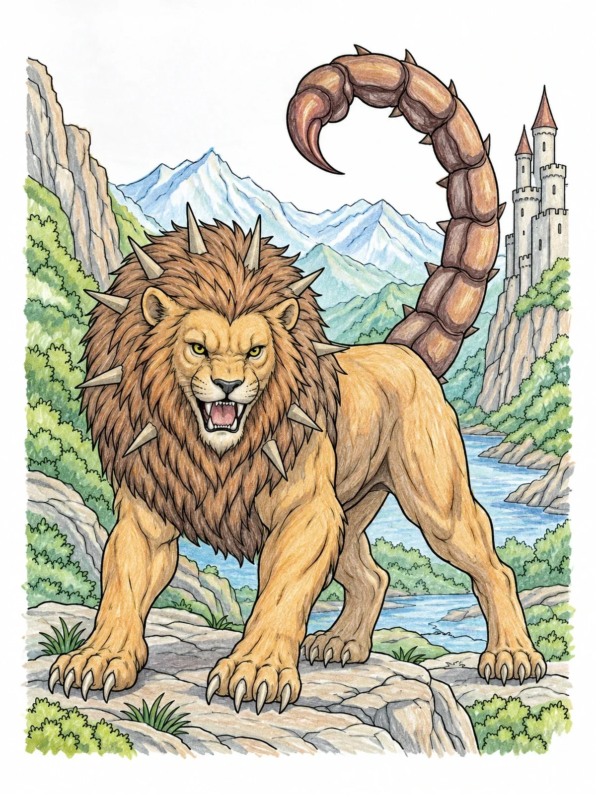 Colored example of the Fierce Manticore Guarding The Mountain Fortress coloring page