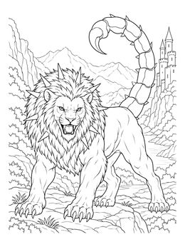 A spiked manticore stands before a distant castle in this detailed monster coloring page.