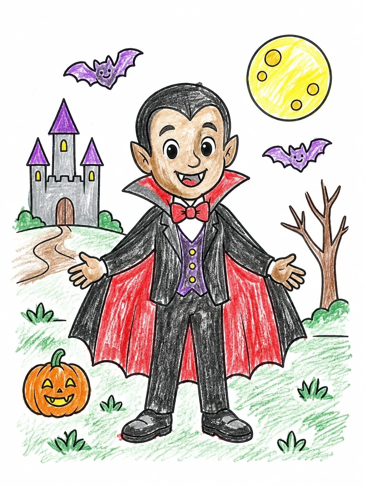 Colored example of the Friendly Little Vampire With Cape coloring page