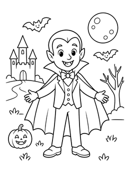 A friendly vampire stands outside in this cute monster coloring page.