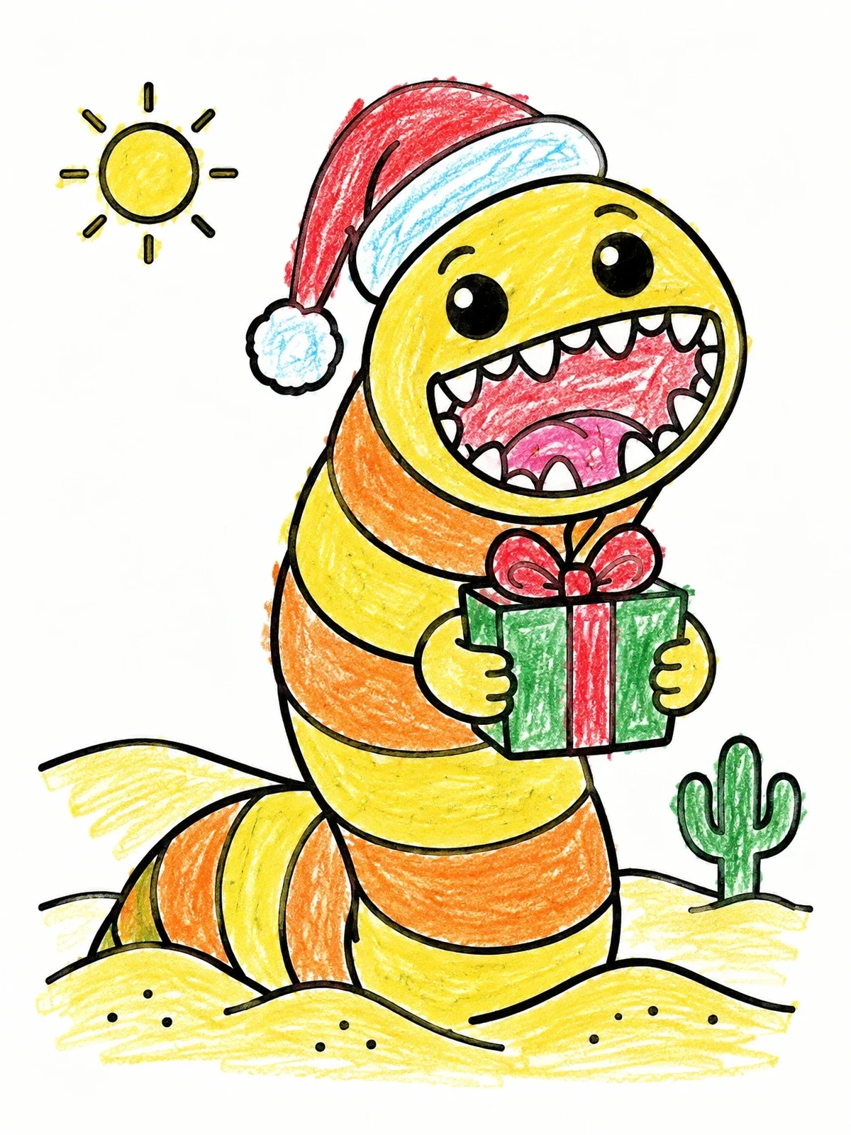 Colored example of the Friendly Sand Worm With Christmas Gift coloring page