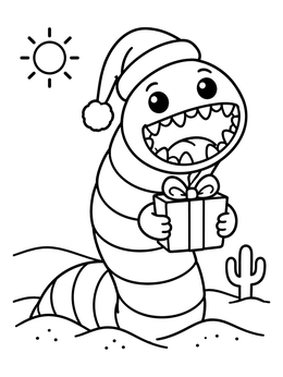 A friendly desert sand monster coloring page with a Santa hat and a gift box.