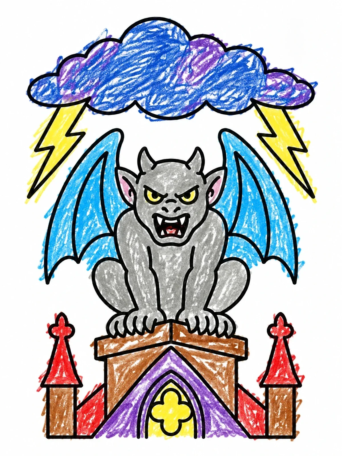 Colored example of the Gargoyle Perched On A Rooftop coloring page