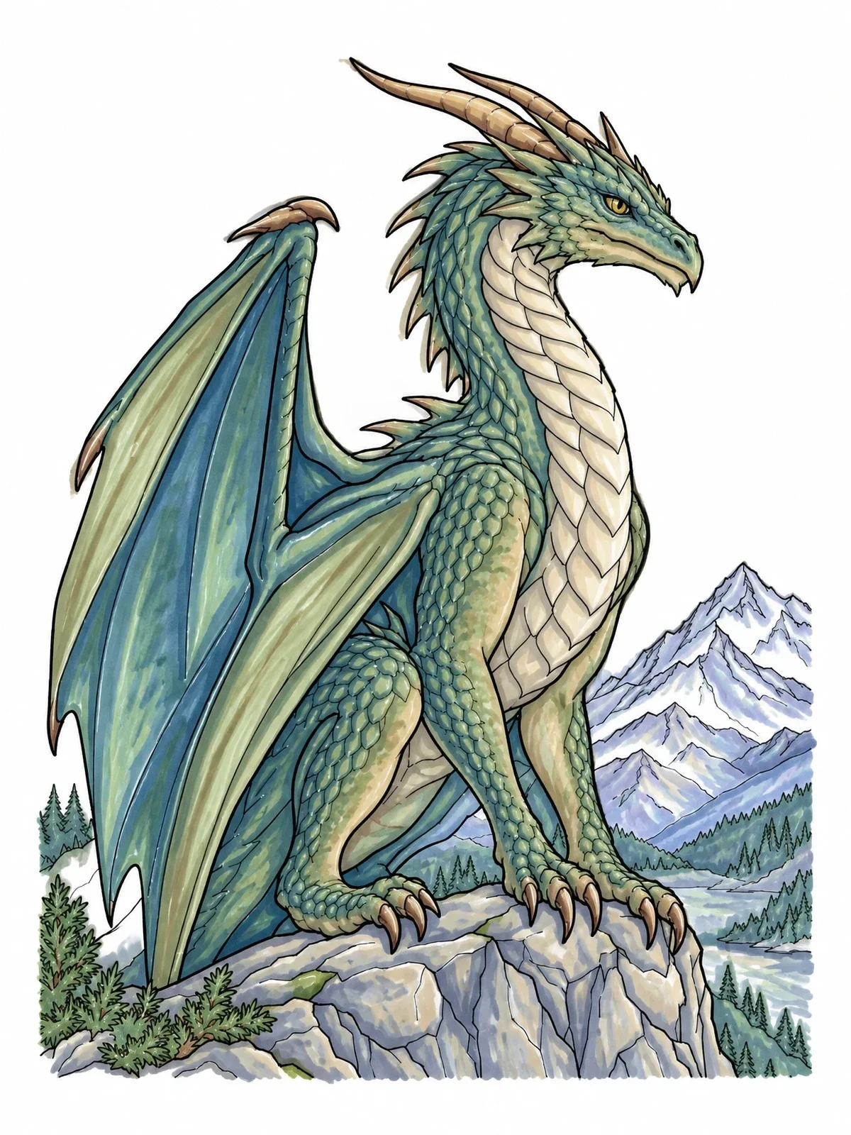 Colored example of the Majestic Dragon On Alpine Cliff coloring page