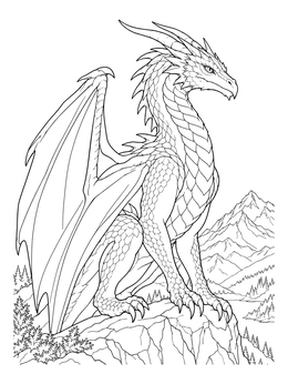 A detailed monster coloring page featuring a noble dragon perched high on a rocky mountain peak.