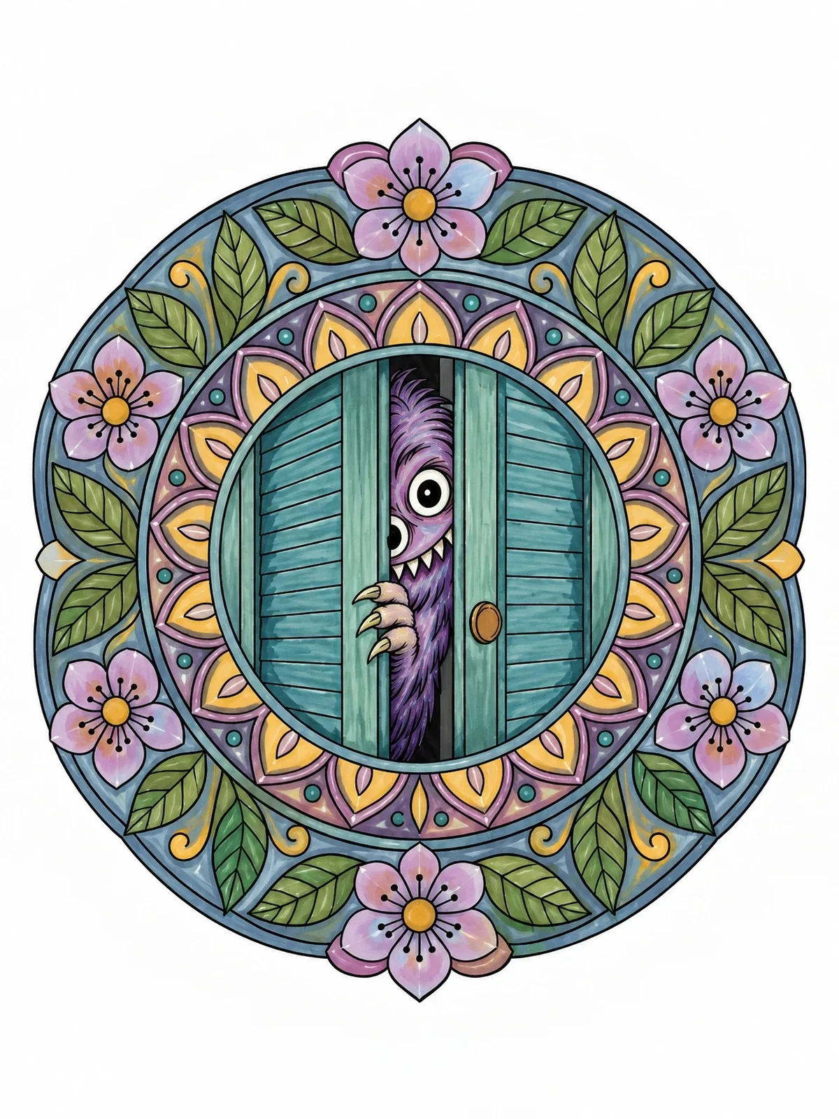Colored example of the Monster Peeking Through Closet Mandala coloring page