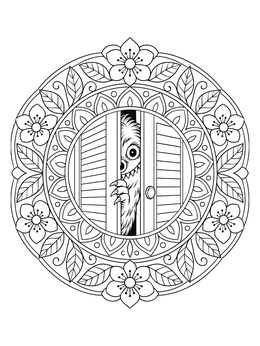 A floral mandala frames a monster coloring page with a furry creature peeking through closet doors.